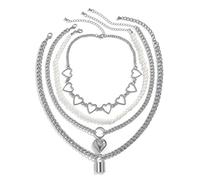 NZVCQVPU 4 Chain Necklace for Women, Layered Necklaces for Women Vintage Adjustable Plated Cuban Chain Necklace with Heart and Lock Pendant