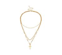NZVCQVPU Collar de 3 capas para mujer, collar bohemio para niñas, collar de cadena de cuentas chapado ajustable con colgante de cruz