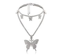 NZVCQVPU Collar de cadena de 2 capas para mujer, collar bohemio para mujer, collar de aleación ajustable de tenis con colgante de mariposa
