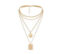 NZVCQVPU Collar de cadena de 4 capas para mujer, collar bohemio para mujer, collar de cadena chapado ajustable con colgante redondo y etiqueta