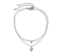 NZVCQVPU Collar para mujer de 2 capas, collar de cadena para mujer, cuentas de perlas chapadas ajustables y collar de cadena rolo con colgante de corazón