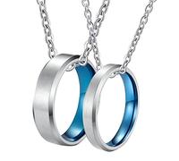 NZVCQVPU Collares para hombre personalizados, collar a juego para parejas, de acero inoxidable, anillo cepillado azul plateado con borde biselado, talla única, Estándar, Estándar