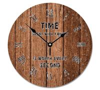 NZVCQVPU Retro Wood Grain Crack Dark Brown Wooden Wall Clock Time Spent with Family 15 Inch Wall Clocks Battery Operated Retirement Decor for Living Room Bedroom Office