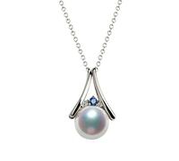 NZVCQVPU Triángulo blanco de 18k dos maneras de usar azul de 0.04ct zafiro con collar de perlas redondas blancas para mujeres colgantes de 18 pulgadas
