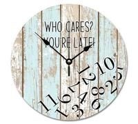 NZVCQVPU Who Cares You're Late Wall Clock Weathered Wood Floor Round Decorative Clocks Battery Operated 10 Inch Country Coastal Decor She Shed Living Room Decor Gift for Man Woman Friend