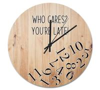 NZVCQVPU Who Cares You're Late Wall Clock Weathered Wood Floor Round Decorative Clocks Battery Operated 10 Inch Country Coastal Decor She Shed Living Room Decor Gift for Man Woman Friend