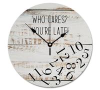 NZVCQVPU Who Cares You're Late Wall Clock Weathered Wood Floor Round Decorative Clocks Battery Operated 10 Inch Country Coastal Decor She Shed Living Room Decor Gift for Man Woman Friend