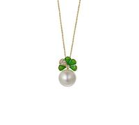 NZVCQVPU Women 18K Pendant Necklace Green Leaves Teardrop Pearl Enamel Round Cut Diamond Necklace