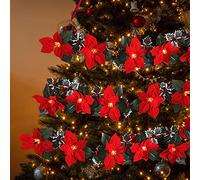 NZXVSE Guirnalda de luces navideñas al aire libre de 2 m, 10 poinsettia, guirnalda de flores con bayas rojas y hojas de acebo, funciona con pilas