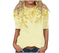 NZYIHAO Blusa para mujer con estampado de hojas, elegante jersey de verano, camiseta de media manga y cuello redondo, tallas grandes, suelta, ligera, túnica, cómoda, camiseta larga, camiseta básica,