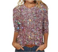 NZYIHAO Camiseta con estampado brillante para mujer, manga 3/4, jersey de verano, blusa de cuello redondo, camiseta de manga larga con motivos de lentejuelas, camiseta de tallas grandes, camiseta