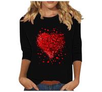 NZYIHAO Camiseta de manga 3/4 para mujer, para San Valentín, con estampado de corazón, cuello redondo, camiseta ligera, holgada, tallas grandes, #05 negro., M