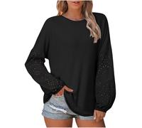 NZYIHAO Camiseta de manga larga de encaje para mujer, blusa de gofre, informal, camiseta de manga larga, top de encaje, cuello redondo, camiseta suelta, blusa de encaje, ligera, monocolor, camiseta