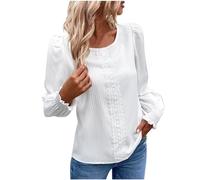 NZYIHAO Camiseta de manga larga para mujer, de encaje, elegante, monocolor, blusa abullonada, blusa de encaje, túnica ligera, cuello redondo, camiseta larga, cómoda, Blanco, M