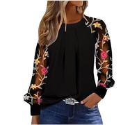NZYIHAO Camiseta de manga larga para mujer, elegante, de encaje, con estampado de flores, blusa de verano, cuello redondo, camiseta elástica, camiseta suelta, ligera, manga transparente, cómoda,