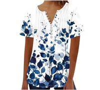 NZYIHAO Camiseta larga para mujer, cuello en V, túnica con botones y pliegues, estampado floral, blusa de verano, jersey delgado, camiseta larga, tops de manga corta, tallas grandes, camiseta ligera,