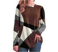 NZYIHAO Jersey de franela para mujer, elegante, manga larga, estampado geométrico, cuello redondo, camiseta ligera, manga larga, túnica, tallas grandes, blusa, cómoda, ropa de calle, #01 Café., XXXXL