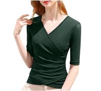 NZYIHAO Jersey para mujer, cuello en V, blusa elegante, monocolor, camiseta de verano, corte ajustado, camiseta de media manga, camiseta ligera, tallas grandes, túnica, blusa larga para mujer, ropa de