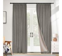o Cortinas opacas de lino de 102 pulgadas, cortinas térmicas con bloqueo de luz al 100 % para sala de estar y dormitorio, color gris ahumado, 52 pulgadas de ancho, plisadas con ganchos y alzapaños