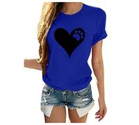 O-cuello ollas blusa con estampado en forma de corazón de las mujeres mangas camiseta casual corta blusa de mujer parte superior, azul, L