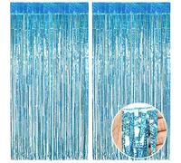 O-Kinee Cortina de Oropel,2 Pack Azul Claro Cortinas Metálicas de Oropel, Metálica Foil Fringe Cortinas Flecos Dorados Cortina de Borla para Decoración Pared Fiestas Cumpleaños Navidad Boda (1m x 2m)