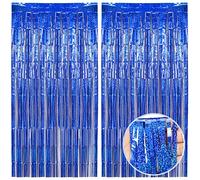 O-Kinee Cortina de Oropel,2 Pack Azul Cortinas Metálicas de Oropel, Metálica Foil Fringe Cortinas Flecos Dorados Cortina de Borla para Decoración Pared Fiestas Cumpleaños Navidad Boda (1m x 2m)