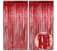 O-Kinee Cortina de Oropel,2 Pack Rojo Cortinas Metálicas de Oropel, Metálica Foil Fringe Cortinas Flecos Dorados Cortina de Borla para Decoración Pared Fiestas Cumpleaños Navidad Boda (1m x 2m)