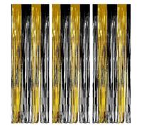 O-Kinee Cortina de Oropel Oro+Negro,Metálica Foil Fringe Cortinas Flecos,3 Piezas Brillante Metálico Cortina Cumpleaños,Aluminio Lamina Cortinas Dorada Fiesta Puerta Ventanas Decoración(1m*2.5m)