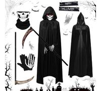 O-Kinee Disfraz de Halloween, Máscara de Calavera, Guantes, guadaña, Largo Capa con Capucha, Disfraz Traje de Fantasma de la para Adultos Halloween Fiesta Carnival Costume Cosplay