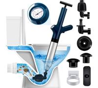 O OLAX Kit de limpieza de tuberías de aire comprimido 5 en 1 - Bomba desatascadora de desagües con cuerpo de acero inoxidable 304, indicador de presión de aire y 8 accesorios - Inodoro para inodoro