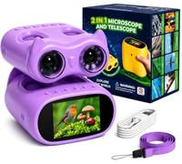 OAEBLLE Microscopio 2 en 1 para niños y prismáticos para niños, 2,0 pulgadas IPS HD, 1000 aumentos, telescopio con 8 LED 1080P, juguete natural para exteriores para niñas y niños a partir de 3 años