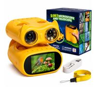 OAEBLLE Microscopio para Niños 2 en 1 con Prismáticos, Pantalla IPS HD de 2,0", Aumento 1000x, 8 Luces LED, Resolución 1080P, Juguete de Naturaleza para Niños y Niñas +3 Años, Amarillo