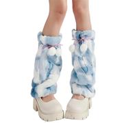 OAEPG Calentadores de piernas peludos de moda para mujer, fundas de botas de felpa japonesas sin pies, calcetines largos con bolas dulces, mangas de felpa con lazo, azul, B