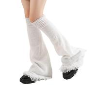 OAEPG Estética moda punto a rayas elástico calentador de piernas Punk cubre botas dulce volantes ribete de encaje manga pierna longitud hasta la rodilla polainas de punto elástico, blanco, Talla única
