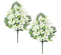 Oairse 2 flores artificiales para tumba, ramo de lirios artificiales blancos, flores de lirio falso, flores conmemorativas para arreglos de cementerio flora, decoración de tumbas