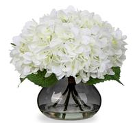 Oairse Flores artificiales con 4 hortensias en jarrón de cristal, flores artificiales de hortensias, impresión 3D, flores artificiales como hortensias reales para bodas, hogar, hotel, fiesta, arreglo