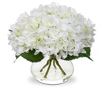 Oairse Flores Artificiales de hortensias en florero, Flores de hortensias Falsas de Tacto Real en jarrón de Cristal con Seda de Agua sintética, arreglo Floral Blanco para decoración del hogar, baño,