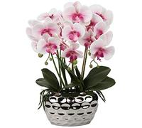 Oairse Flores artificiales de orquídea rosa de 44 cm en macetas de cerámica plateadas, flores de seda de tacto real, gran falaenopsis sintética para el hogar, cocina, oficina, sala de estar,