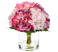 Oairse Flores artificiales hortensias en jarrón de cristal con agua artificial transparente flores de hortensias artificiales impresión 3D Real Touch Flores artificiales como hortensias reales para