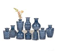Oairse Juego de 10 jarrones de cristal, mini botella vintage azul para flores, arreglos florales, centros de mesa de boda, decoración de mesa, decoración del hogar