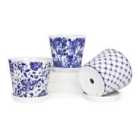 Oairse Juego de 3 macetas pequeñas de cerámica de 15 cm con platillos, agujero de drenaje, maceta azul y blanca para interiores y exteriores, maceta decorativa para suculentas, hierbas, cactus