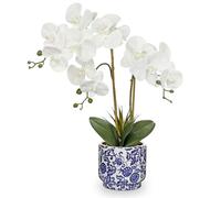 Oairse Orquídea artificial en maceta de 19.6 pulgadas, orquídea blanca con maceta de cerámica azul y blanca, planta de orquídea falsa de seda para decoración del hogar, oficina, cocina, baño, centro