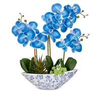 Oairse Planta artificial de orquídeas, flores artificiales, flores artificiales con tacto real, jarrón de cerámica blanco y azul, decoración de mesa, alféizar de ventana, altura 44 cm