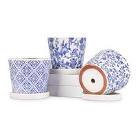 Oairse Set de 3 macetas de cerámica para plantas, redondas, pequeñas con orificio de drenaje y bandeja de cerámica para suculentas, cactus, para interior y exterior, jardín, ventana, diámetro 14,5 cm