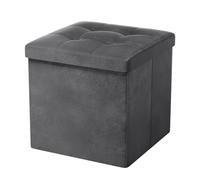 Oak & Tea Storage Ottoman Velvet Top, Foldable Storage Bench, Small Footrest Cube, Upholstered Storage Stool with Lid, Dark Grey, 38x38x38cm, for Bedroom & Living Room