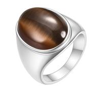 OAKKY Acero Inoxidable Ojo De Gato Anillo para Mujer Minimalista Vintage Gema Banda Retro Chatoyant Piedra Joyas Plata Marrón Talla 27