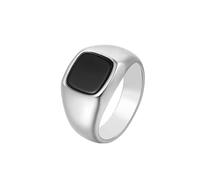 OAKKY Anillo Cuadrado Minimalista Piedra Negra para Hombres Mujeres Acero Inoxidable Pulido Banda Geométrico Simple Joyería Plata Talla 25