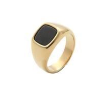 OAKKY Anillo Cuadrado Minimalista Piedra Negra para Hombres Mujeres Acero Inoxidable Pulido Banda Geométrico Simple Joyería Oro Talla 25