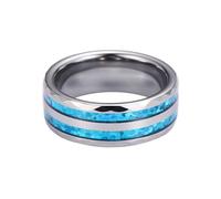 OAKKY Anillo de Ópalo Sintético Azul para Hombres y Mujeres Banda de Acero Inoxidable con Dos Tiras Incrustadas Paralelas Talla 14
