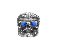 OAKKY Anillo Vintage Cool Biker en Acero Inoxidable para Hombre con Cráneo Gafas de Sol y Barba Diseño Gótico Punk y Esqueleto Azul Talla 17